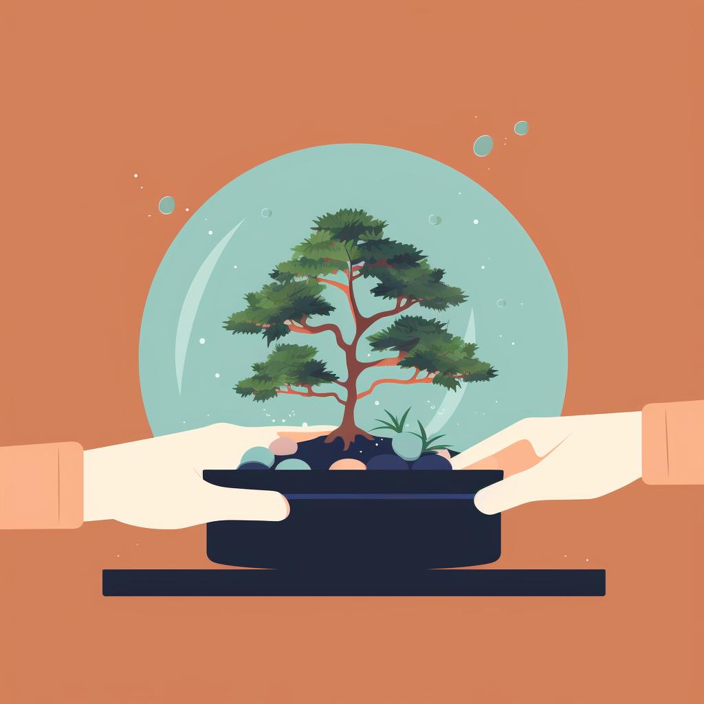 A hand holding a soil testing kit above a pot of bonsai tree.
