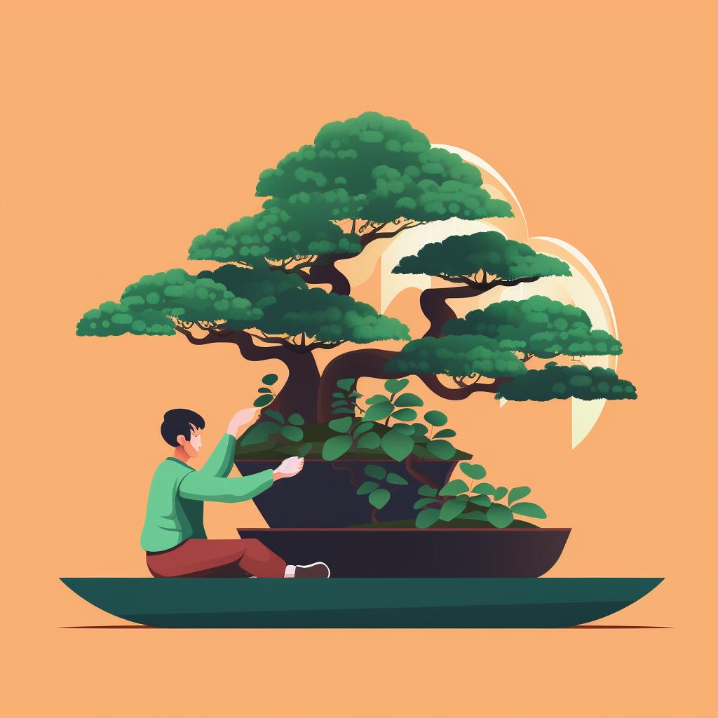 Person inspecting a bonsai tree