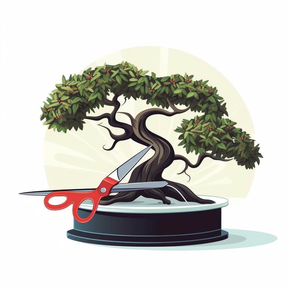 Pruning shears cutting off a diseased branch from a bonsai tree