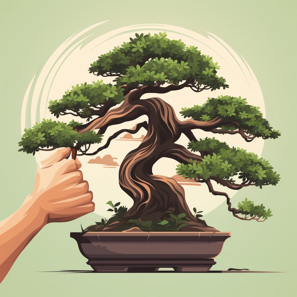 Hands gently wrapping bonsai wire around the branches of a bonsai tree