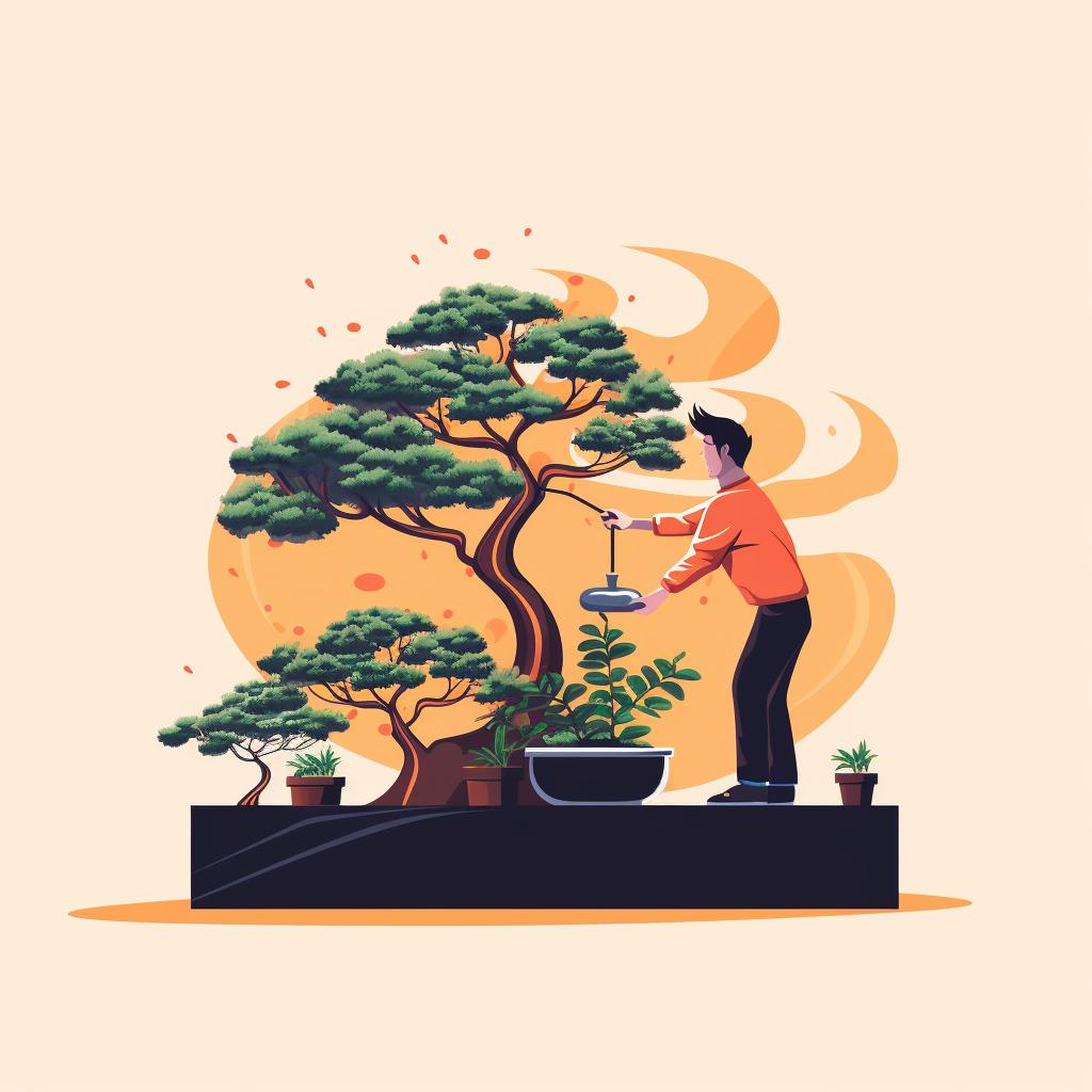 A person applying insecticide to a bonsai tree