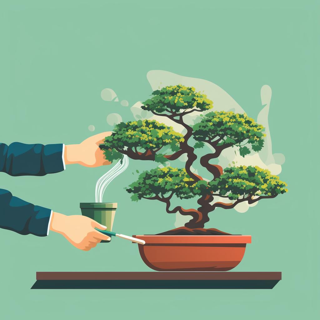 A hand applying fungicide to a bonsai tree