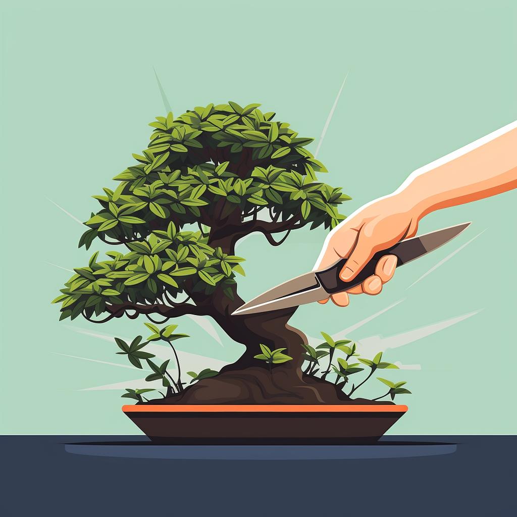Hands using bonsai pruning shears to trim a branch