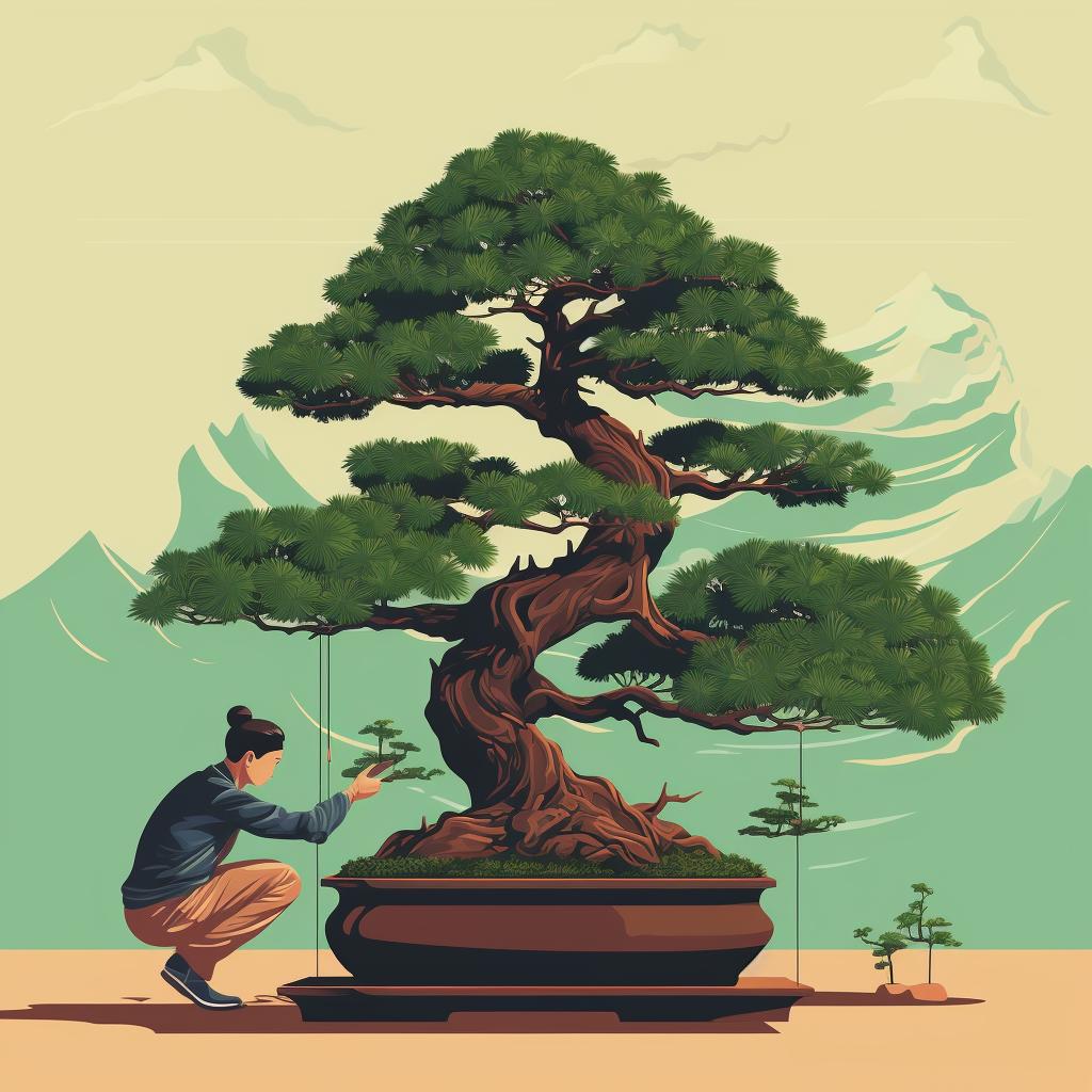 A person closely examining a bonsai tree