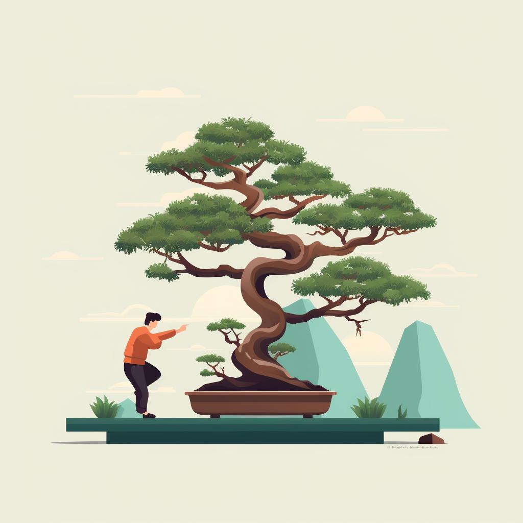 A person closely inspecting a bonsai tree