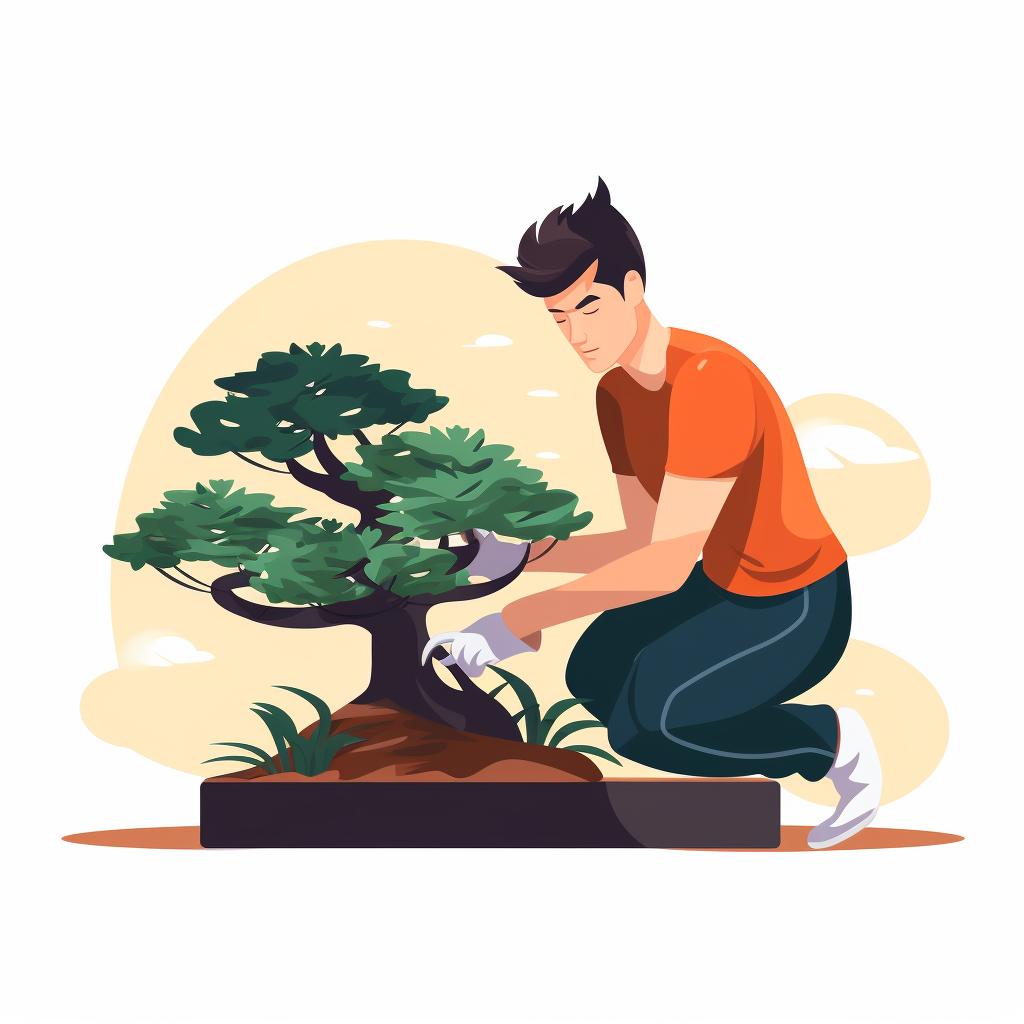 Person cleaning up after pruning a bonsai tree