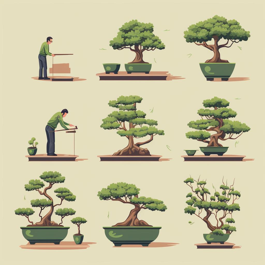 Bonsai tree being reshaped over time with the repeated process