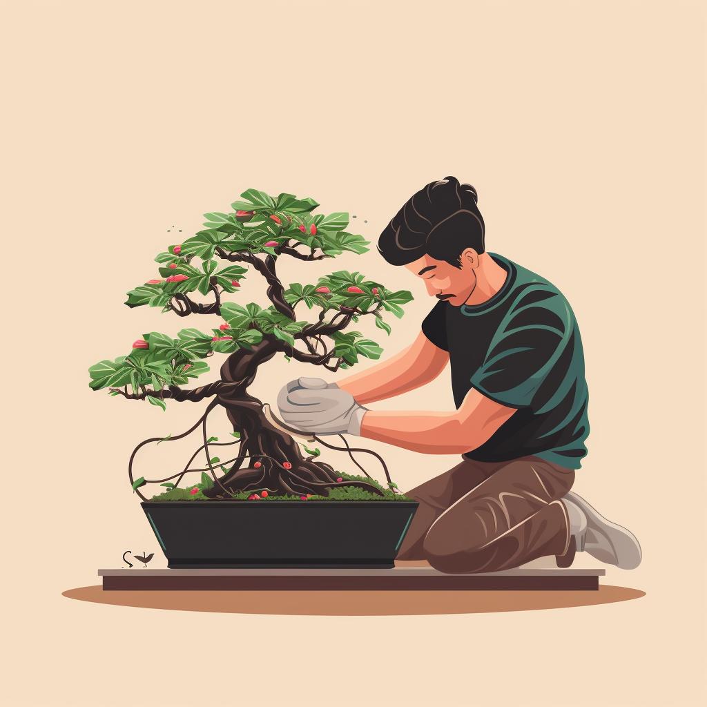 Hands carefully pruning and wiring a young bonsai tree